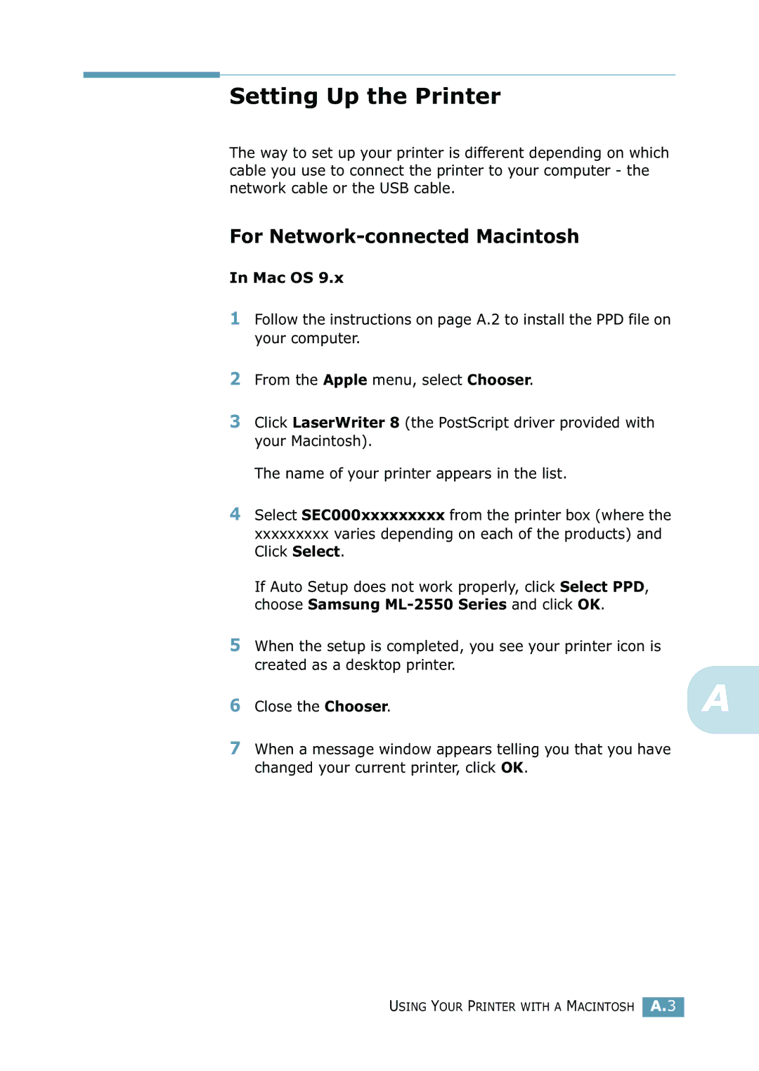 Samsung 2550 manual Setting Up the Printer, For Network-connected Macintosh, Mac OS 