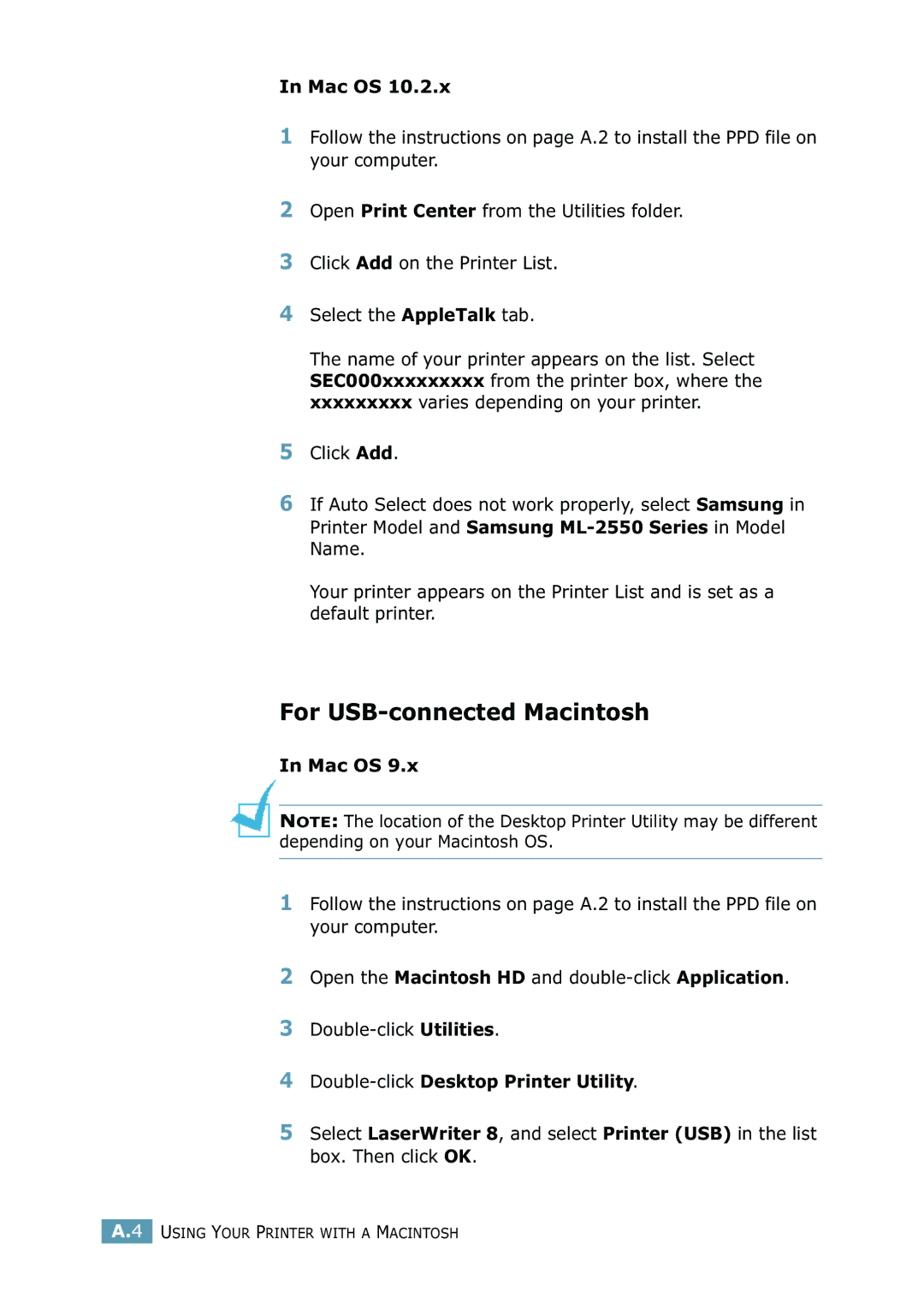 Samsung 2550 manual For USB-connected Macintosh, Double-clickDesktop Printer Utility 