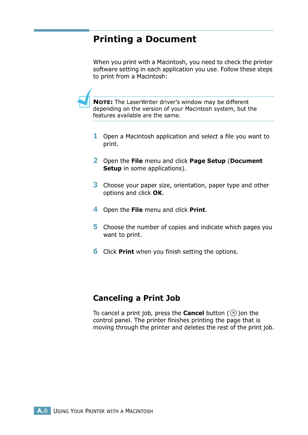 Samsung 2550 manual Printing a Document, Canceling a Print Job 