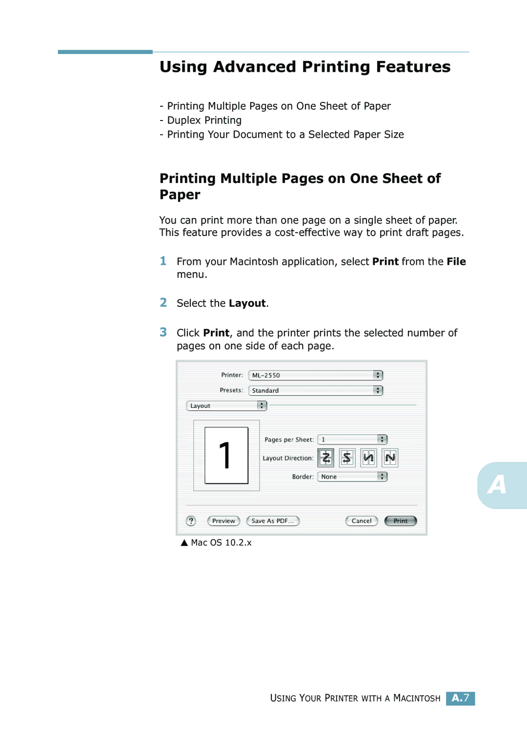 Samsung 2550 manual Using Advanced Printing Features, Printing Multiple Pages on One Sheet of Paper 