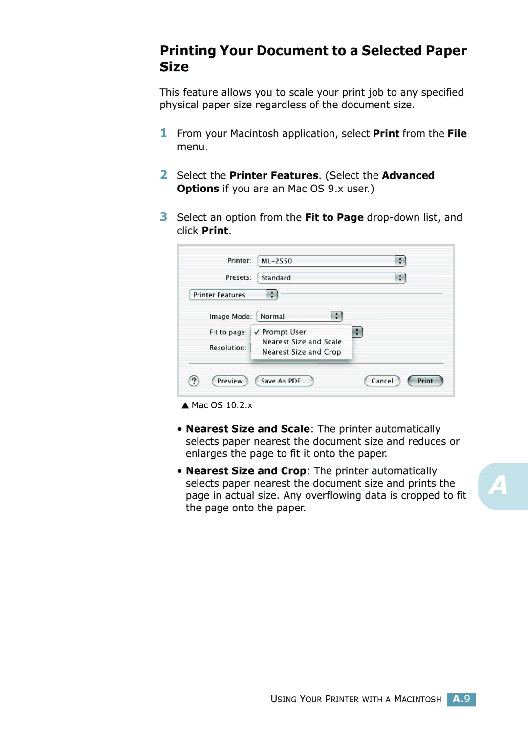 Samsung 2550 manual Printing Your Document to a Selected Paper Size 