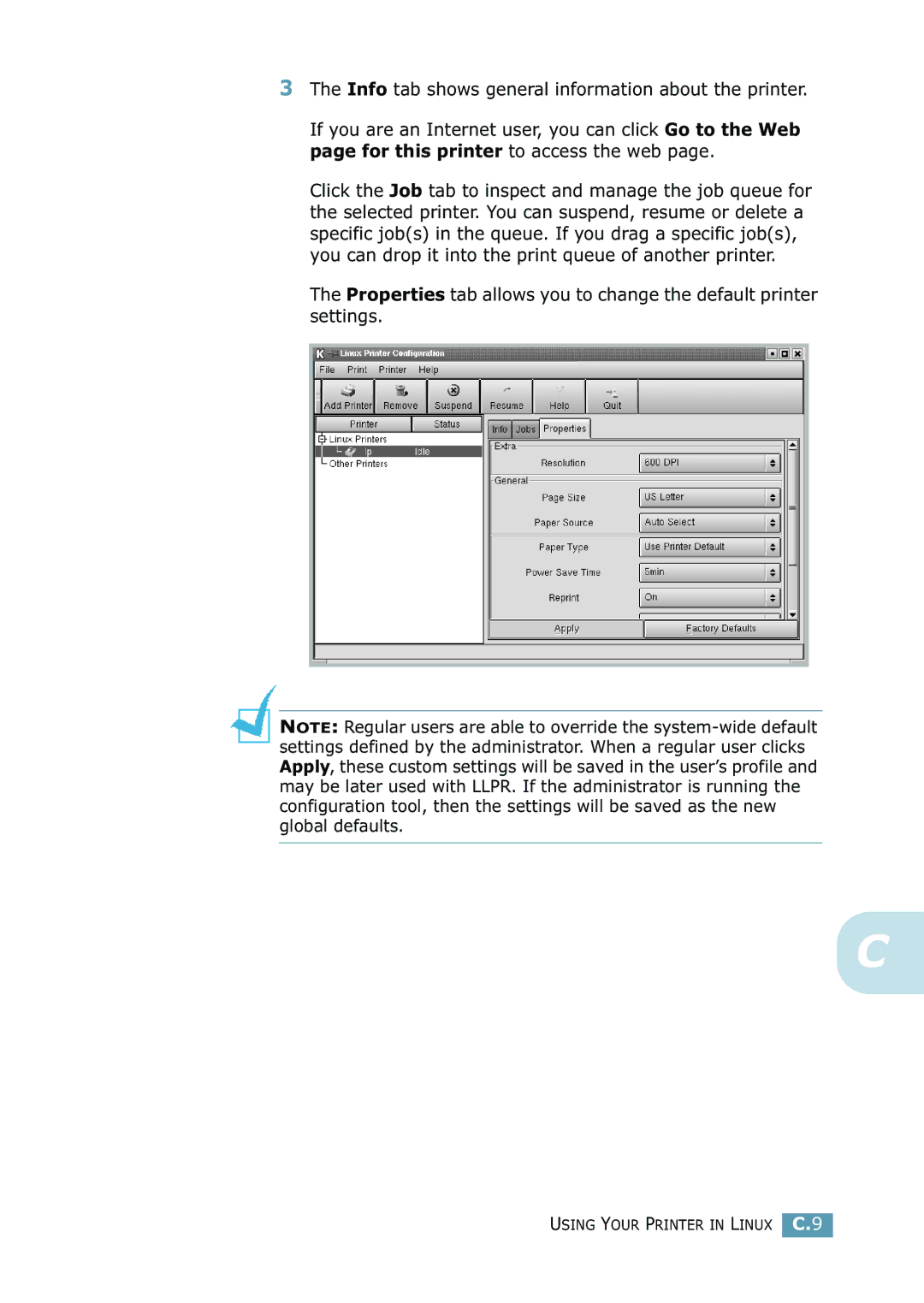 Samsung 2550 manual Using Your Printer in Linux C.9 