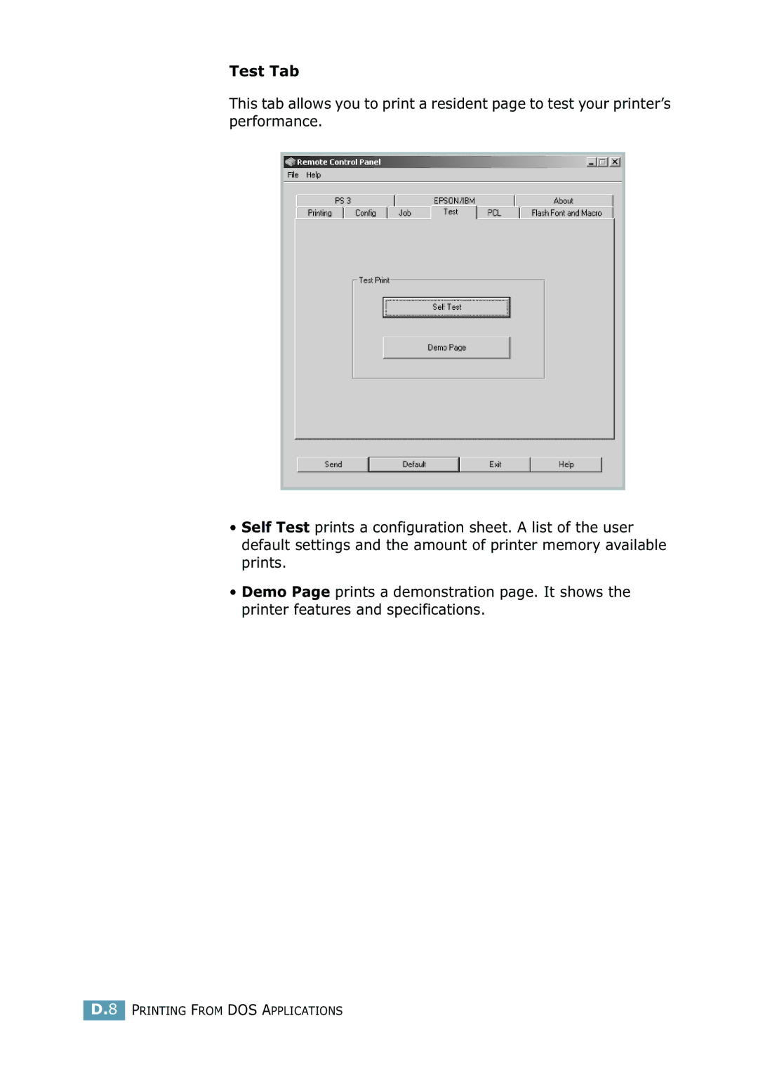 Samsung 2550 manual Test Tab 