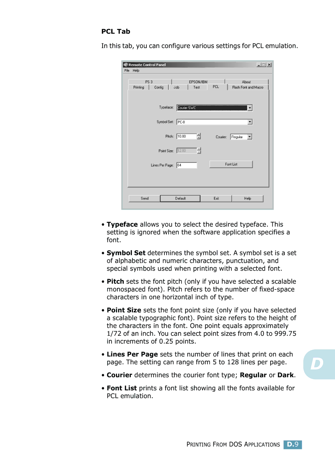 Samsung 2550 manual PCL Tab, Page. The setting can range from 5 to 128 lines per 