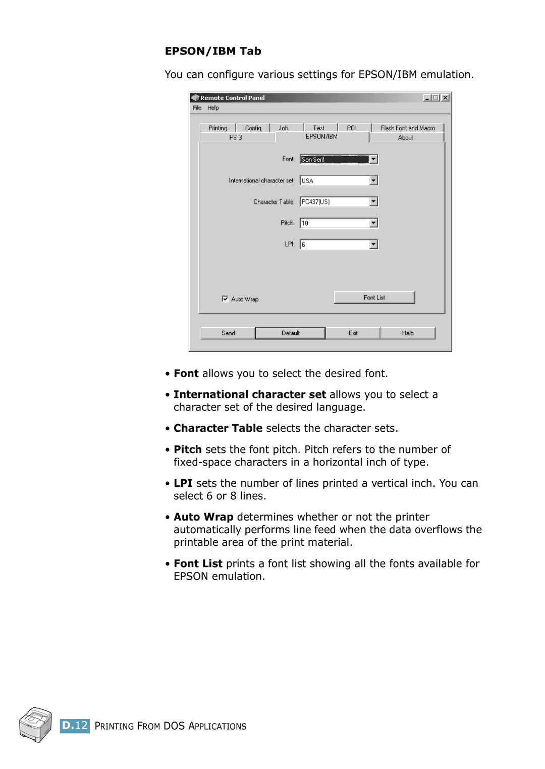 Samsung 2550 manual EPSON/IBM Tab, Character Table selects the character sets 