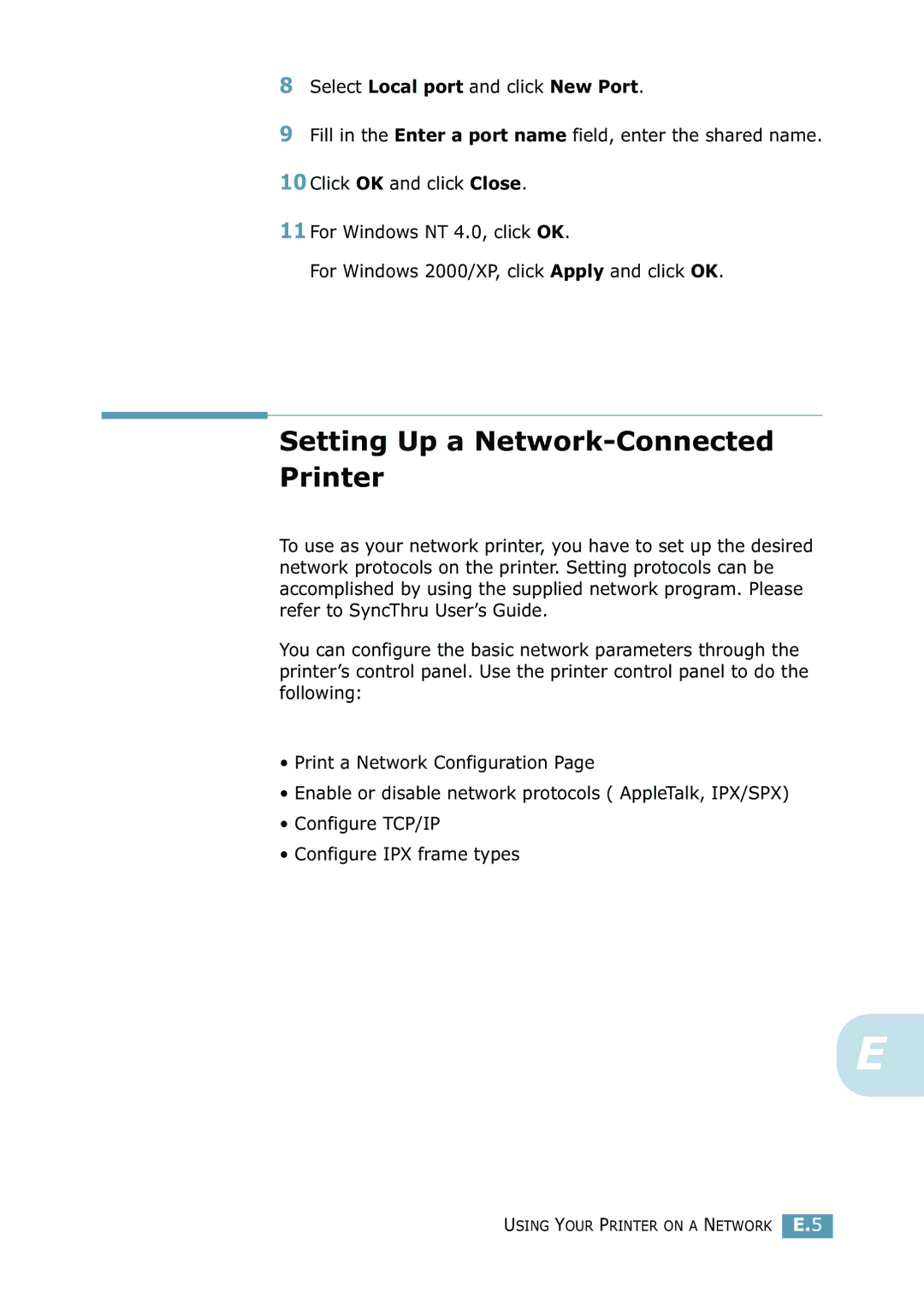 Samsung 2550 manual Setting Up a Network-Connected Printer, Select Local port and click New Port 