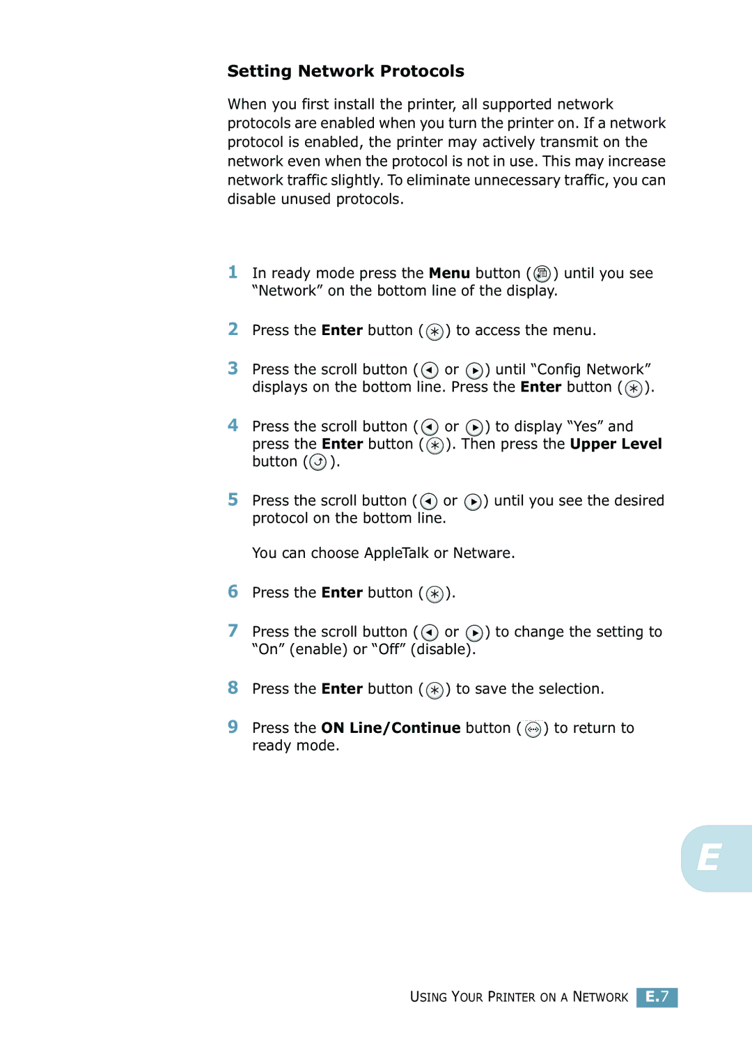 Samsung 2550 manual Setting Network Protocols 