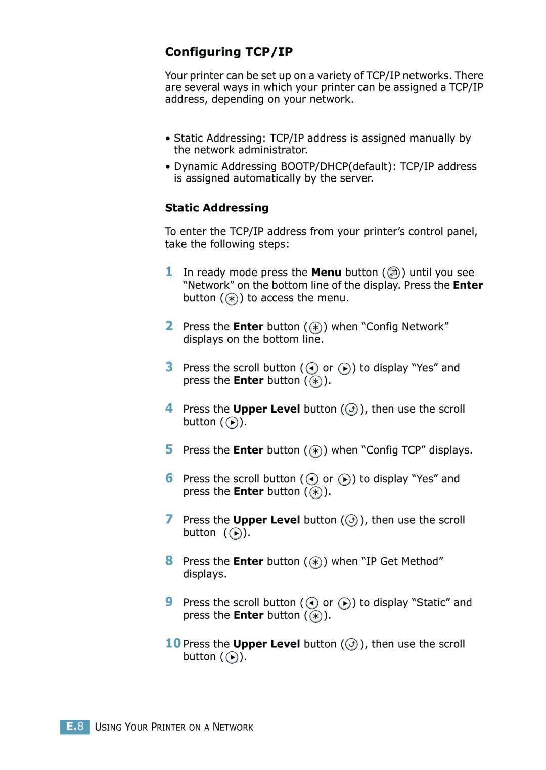 Samsung 2550 manual Configuring TCP/IP, Static Addressing 