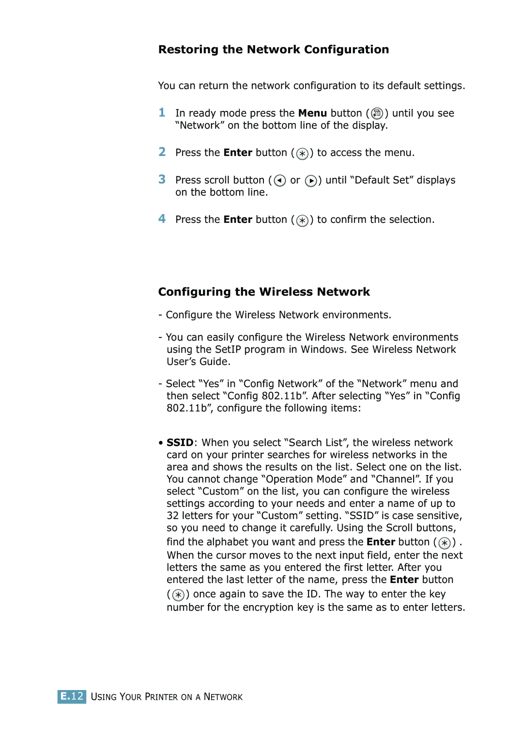 Samsung 2550 manual Restoring the Network Configuration, Configuring the Wireless Network 