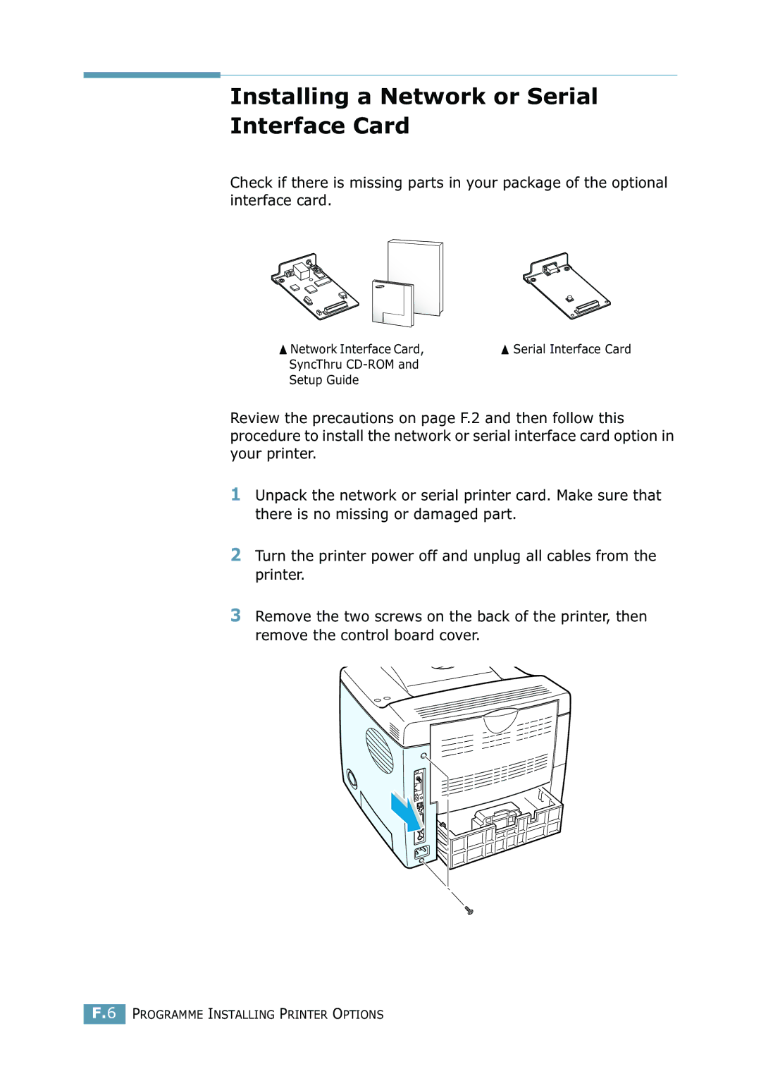 Samsung 2550 manual Installing a Network or Serial Interface Card 