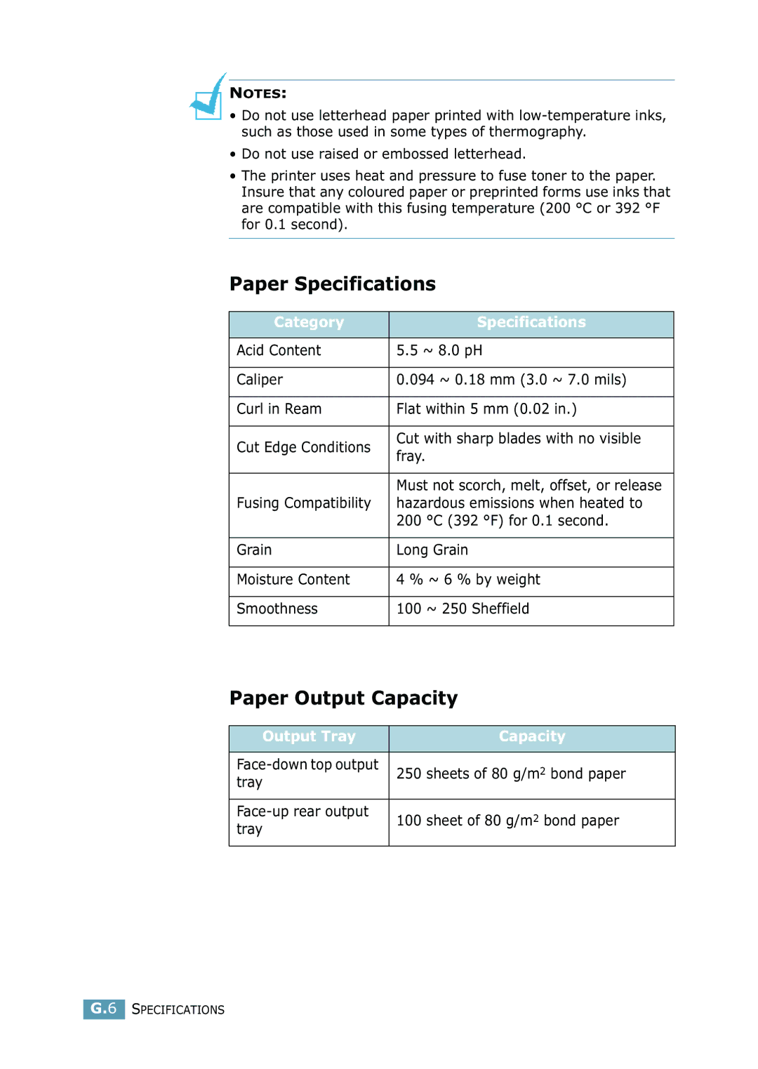 Samsung 2550 manual Paper Specifications, Paper Output Capacity, Category Specifications, Output Tray Capacity 