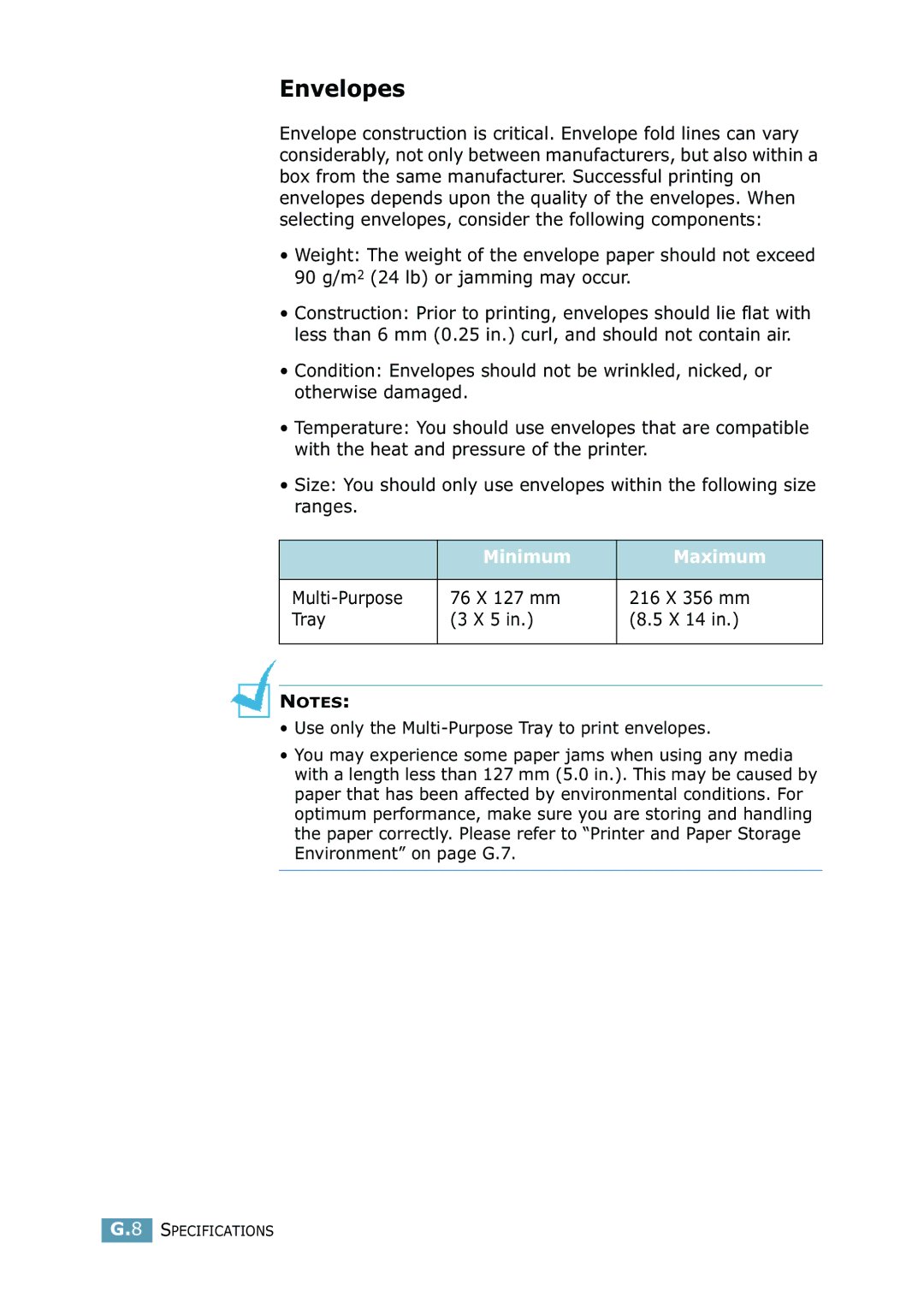 Samsung 2550 manual Envelopes, Minimum Maximum 