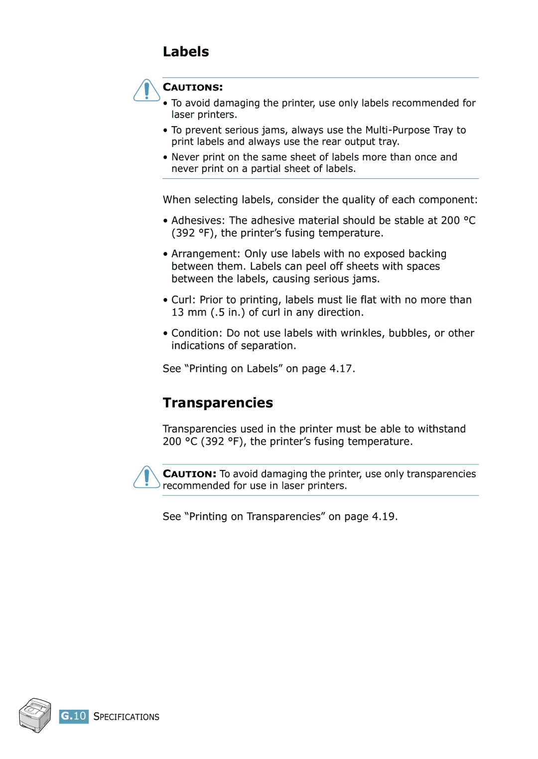 Samsung 2550 manual Labels, See Printing on Transparencies on 