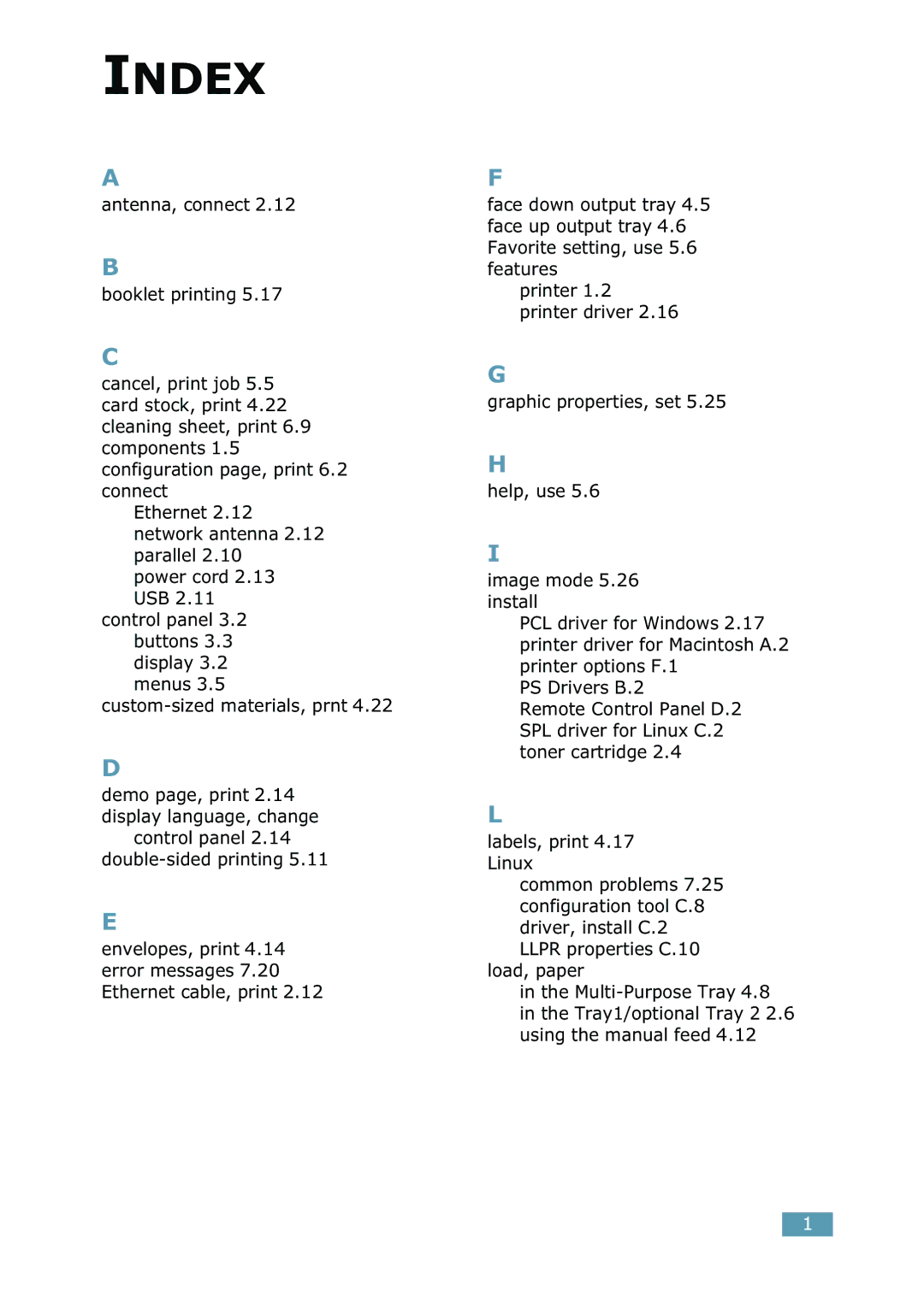 Samsung 2550 manual Index, Control panel 2.14 double-sided printing 