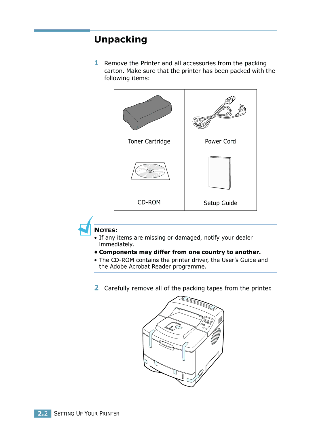 Samsung 2550 manual Unpacking, Components may differ from one country to another 