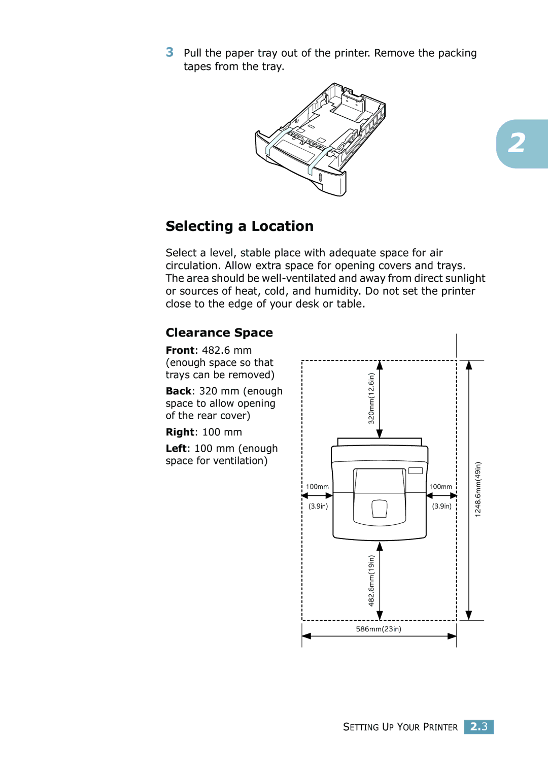 Samsung 2550 manual Selecting a Location, Clearance Space, Right 100 mm 