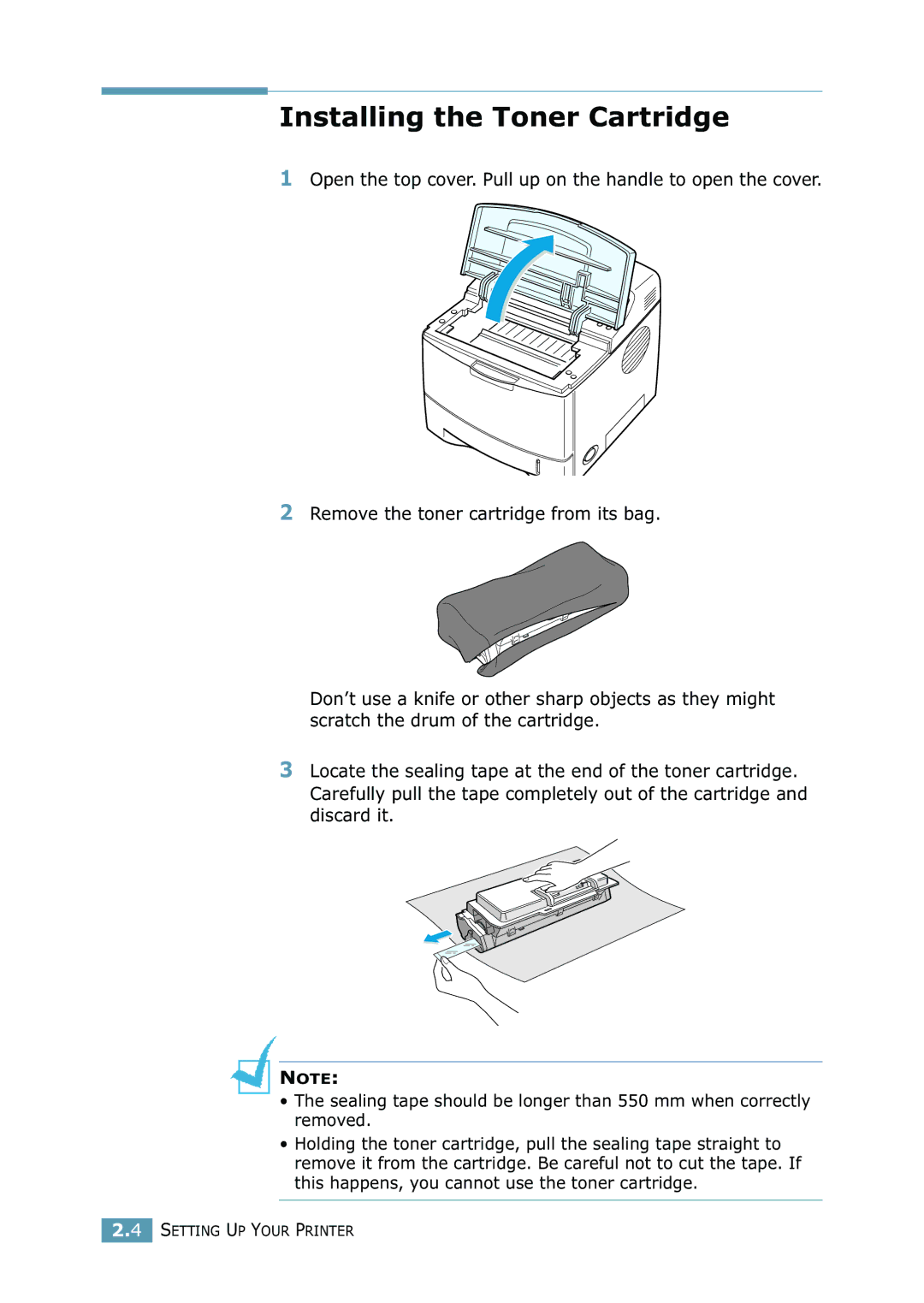 Samsung 2550 manual Installing the Toner Cartridge 