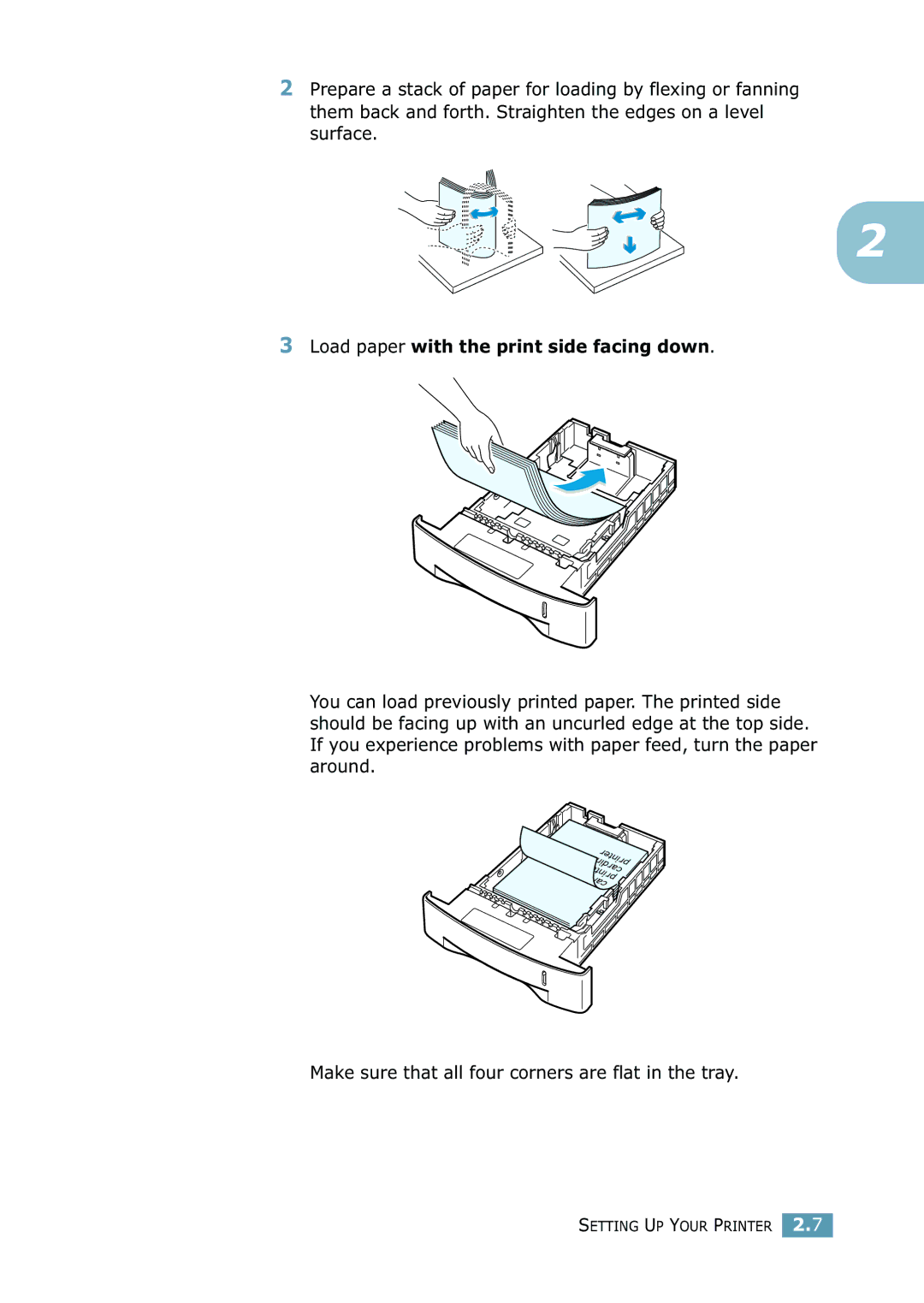 Samsung 2550 manual Load paper with the print side facing down 