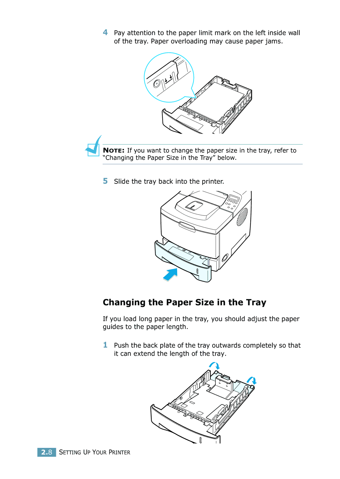 Samsung 2550 manual Changing the Paper Size in the Tray, Slide the tray back into the printer 