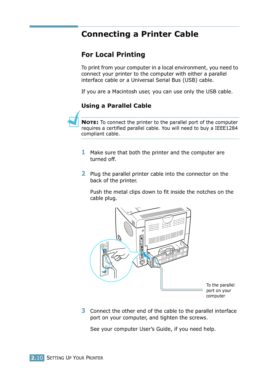 Samsung 2550 manual Connecting a Printer Cable, For Local Printing, Using a Parallel Cable 