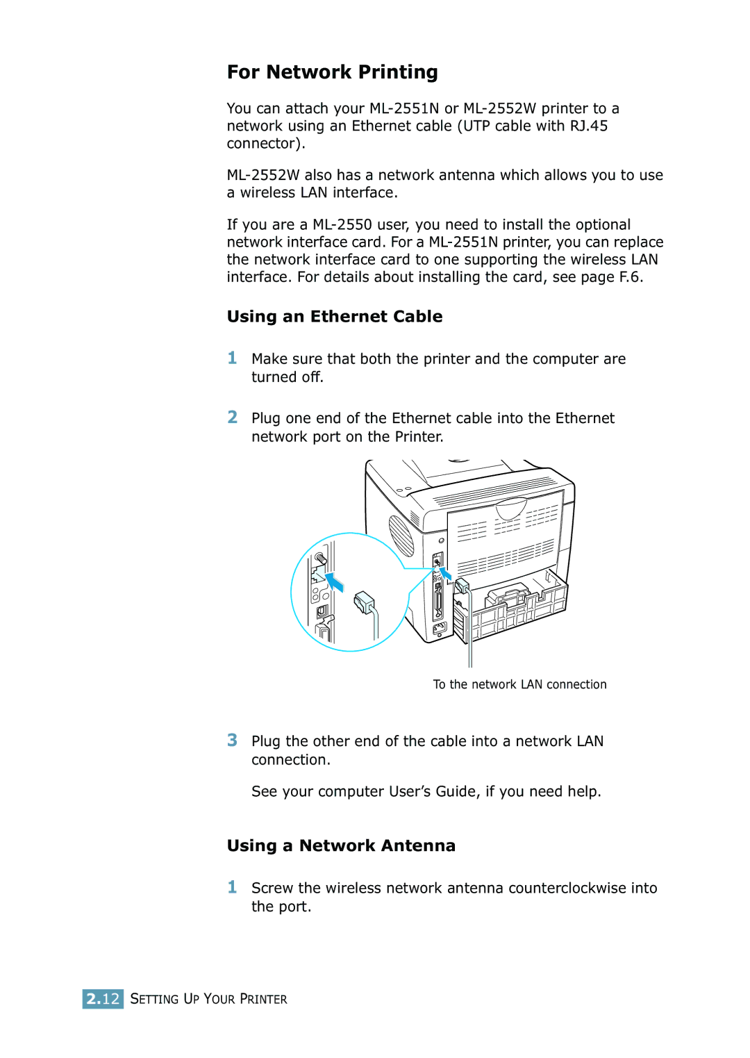 Samsung 2550 manual For Network Printing, Using an Ethernet Cable, Using a Network Antenna 