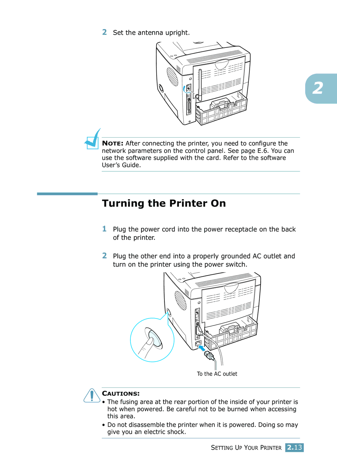 Samsung 2550 manual Turning the Printer On, Set the antenna upright 