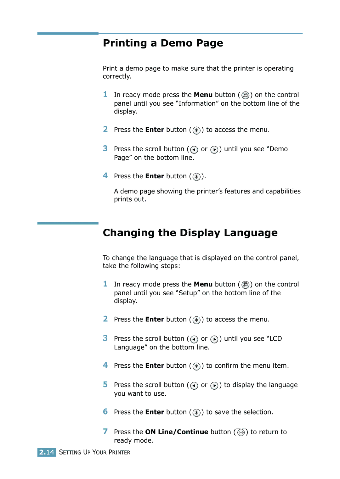 Samsung 2550 manual Printing a Demo, Changing the Display Language 