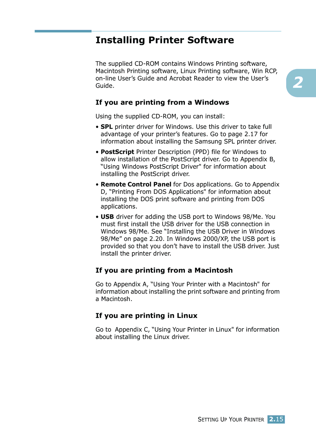 Samsung 2550 manual Installing Printer Software, If you are printing from a Windows, If you are printing from a Macintosh 