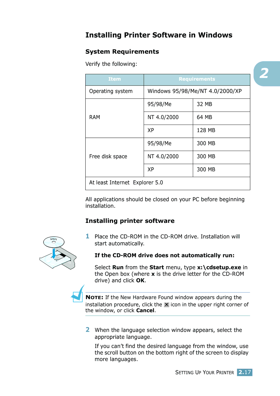 Samsung 2550 manual Installing Printer Software in Windows, System Requirements, Installing printer software 