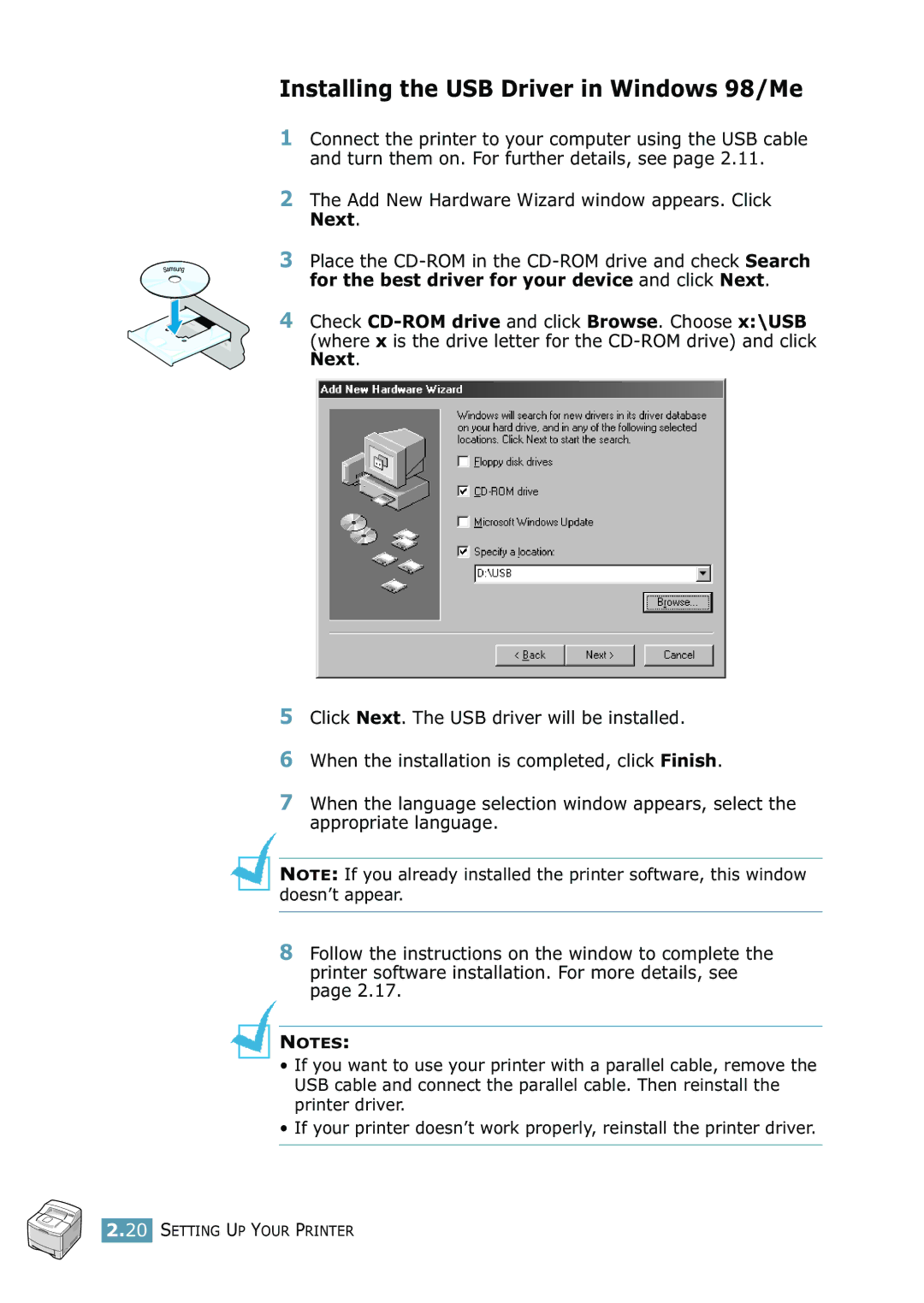 Samsung 2550 manual Installing the USB Driver in Windows 98/Me, Add New Hardware Wizard window appears. Click Next 