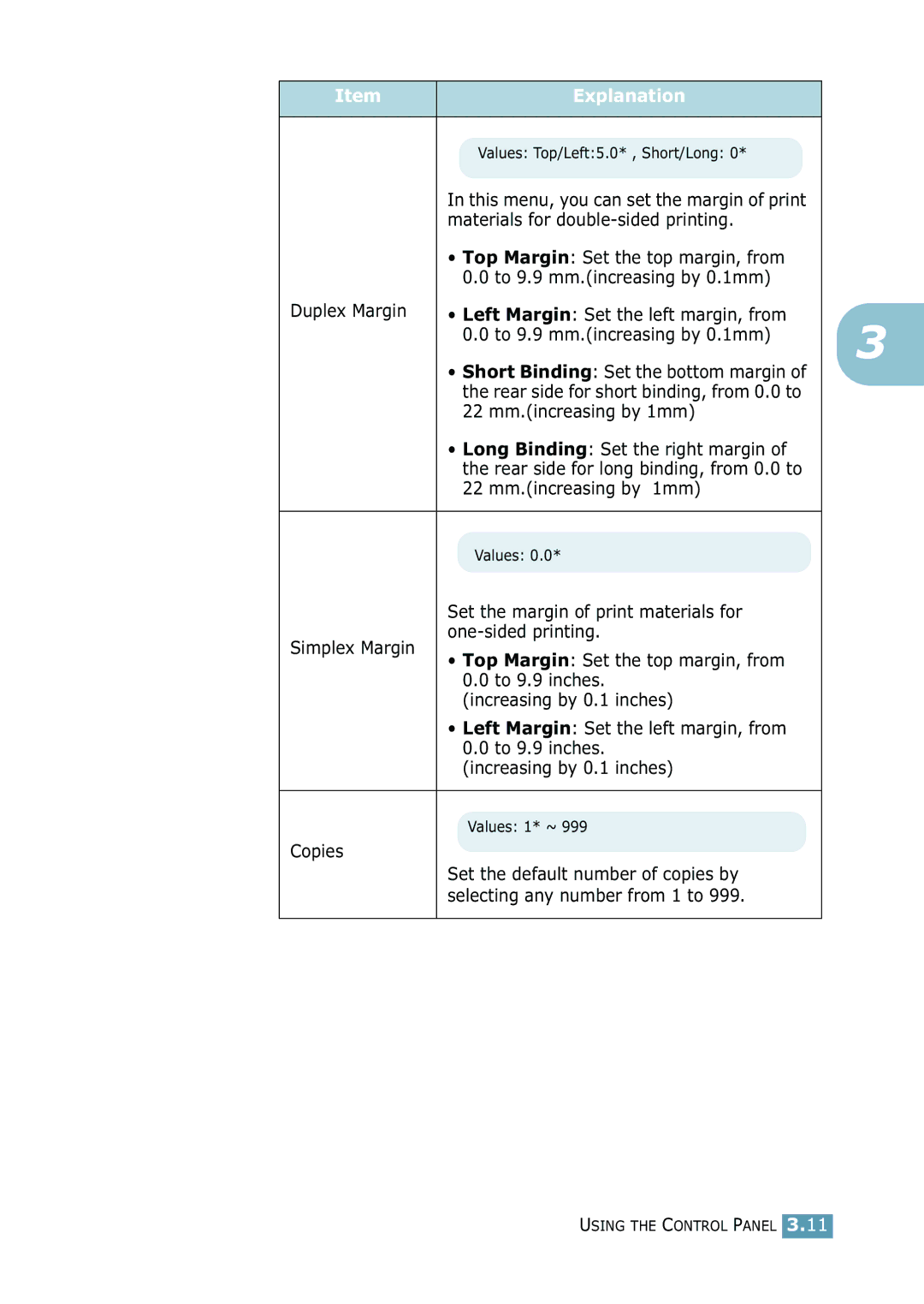 Samsung 2550 manual Materials for double-sided printing, Top Margin Set the top margin, from, To 9.9 mm.increasing by 0.1mm 