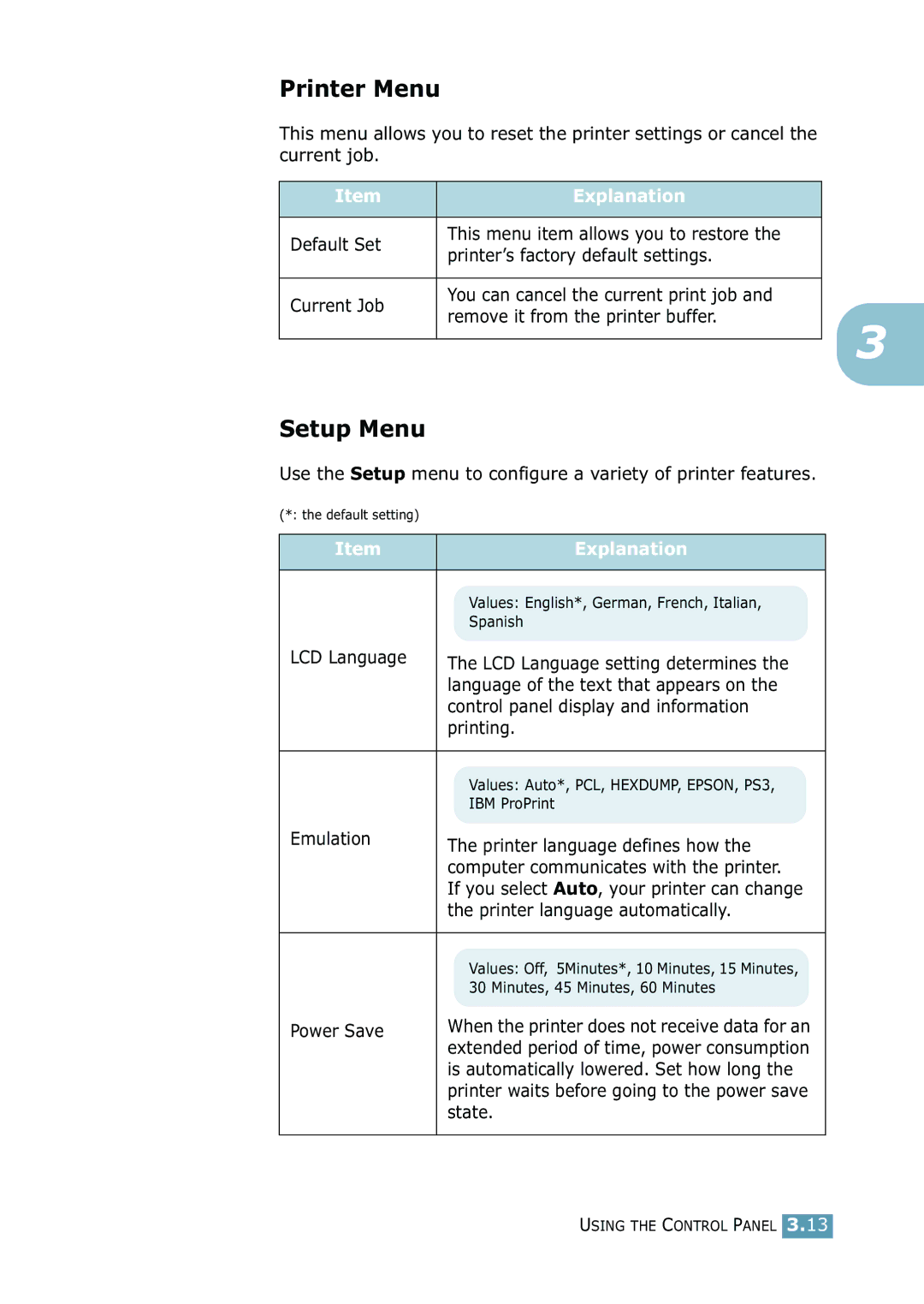 Samsung 2550 manual Printer Menu, Setup Menu, Printer language automatically, Power Save, State 