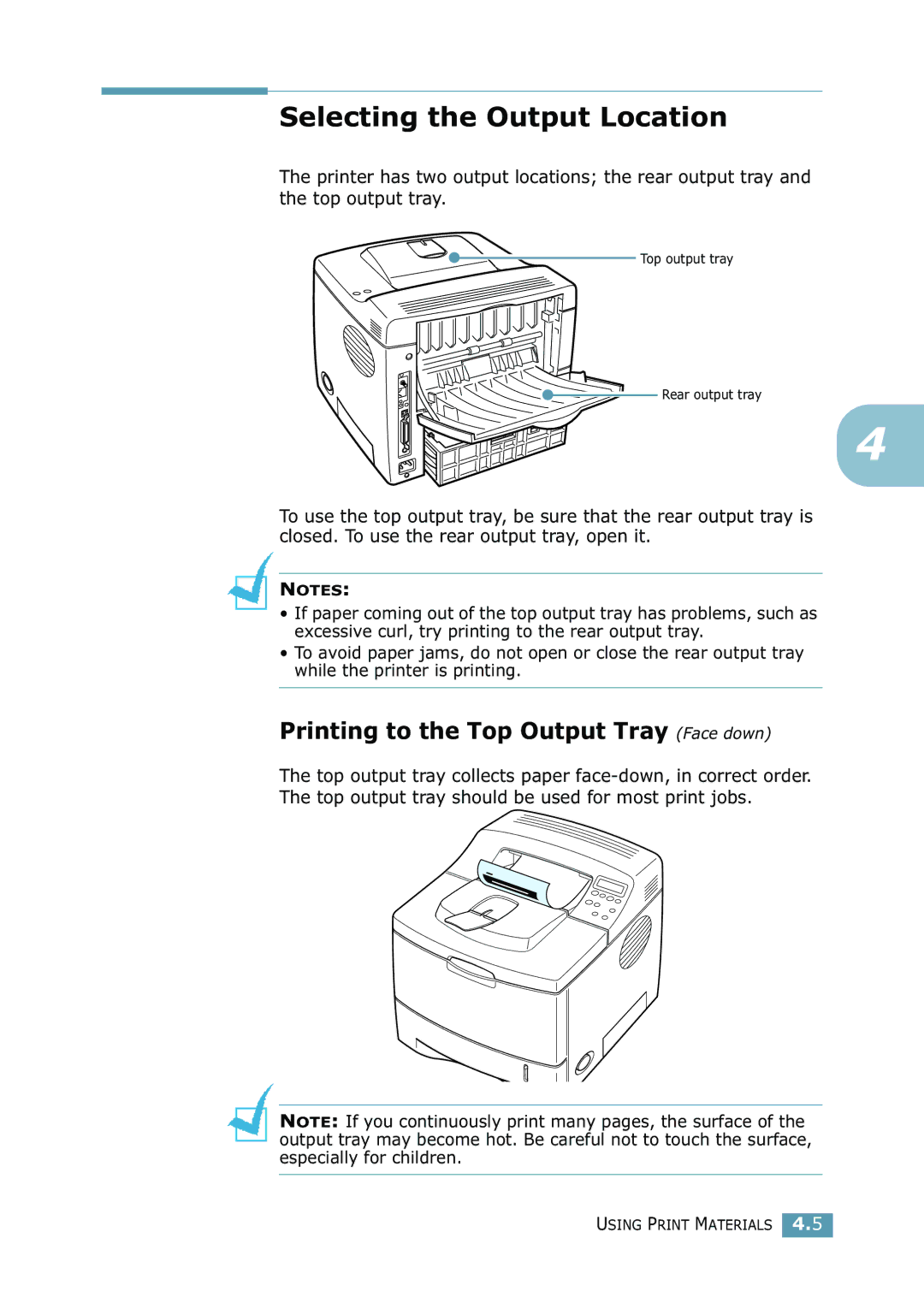 Samsung 2550 manual Selecting the Output Location, Printing to the Top Output Tray Face down 