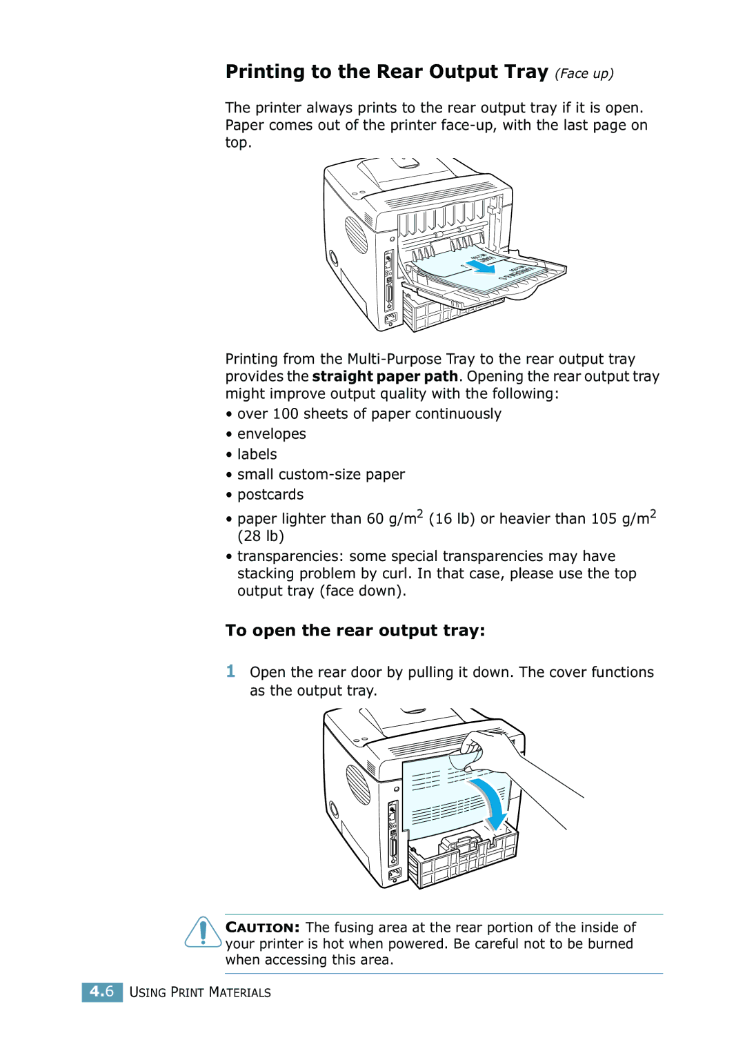 Samsung 2550 manual Printing to the Rear Output Tray Face up, To open the rear output tray 