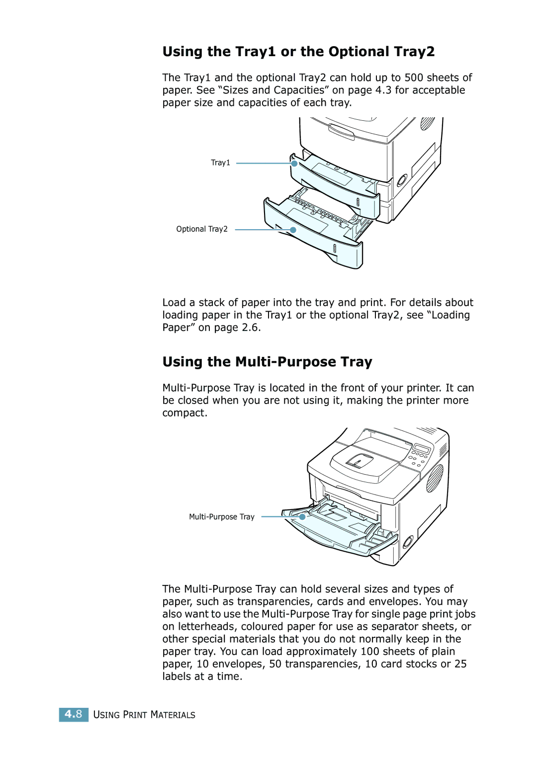 Samsung 2550 manual Using the Tray1 or the Optional Tray2, Using the Multi-Purpose Tray 