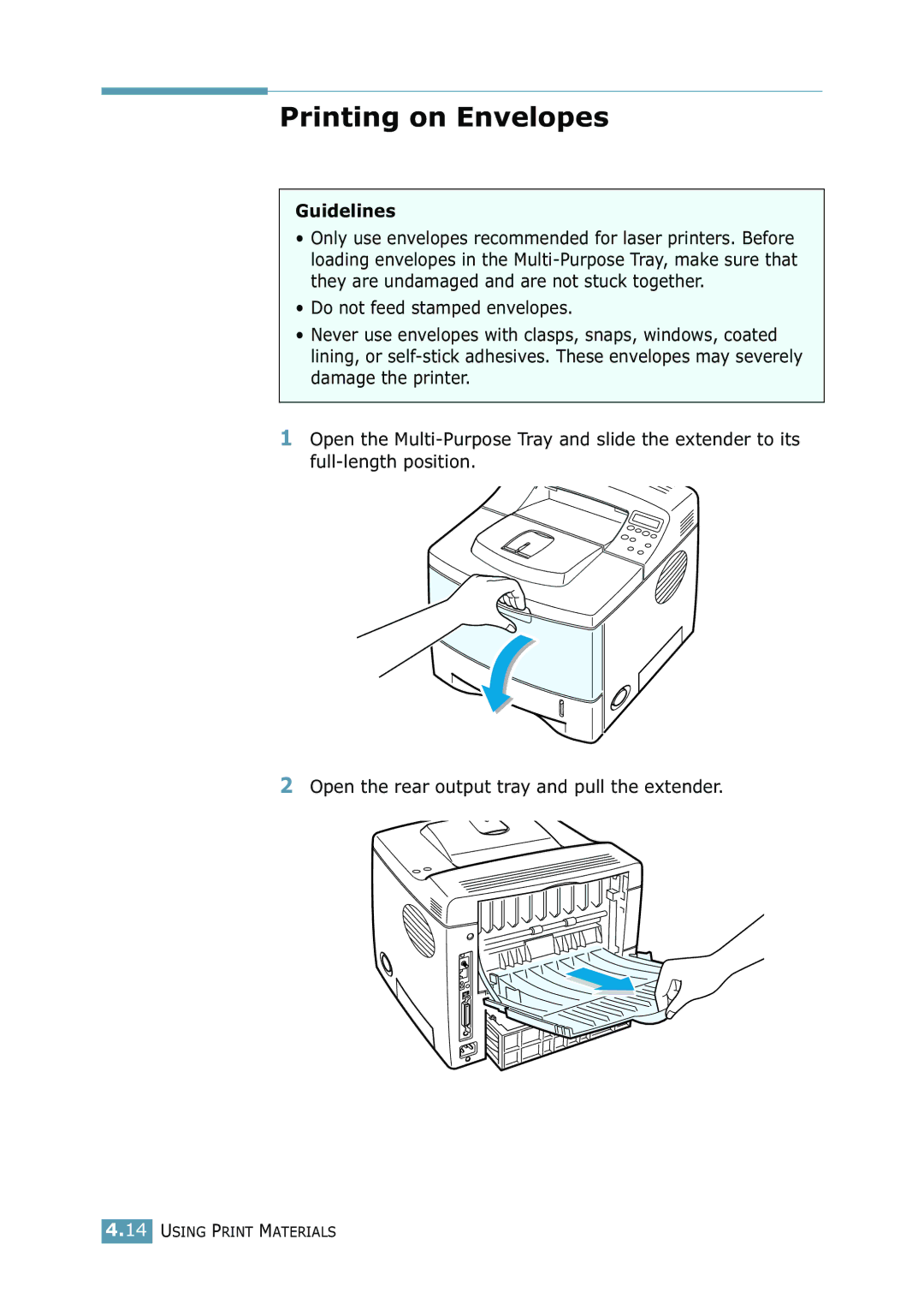 Samsung 2550 manual Printing on Envelopes, Guidelines 