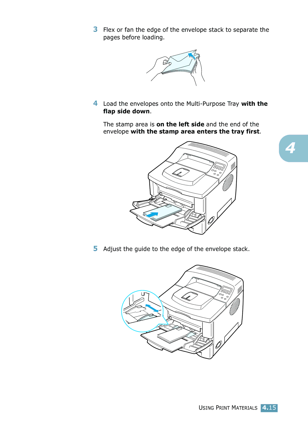 Samsung 2550 manual Adjust the guide to the edge of the envelope stack 