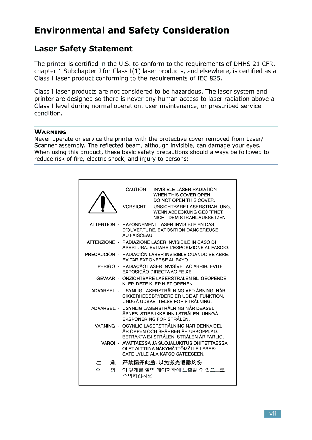 Samsung 2550 manual Environmental and Safety Consideration, Laser Safety Statement 