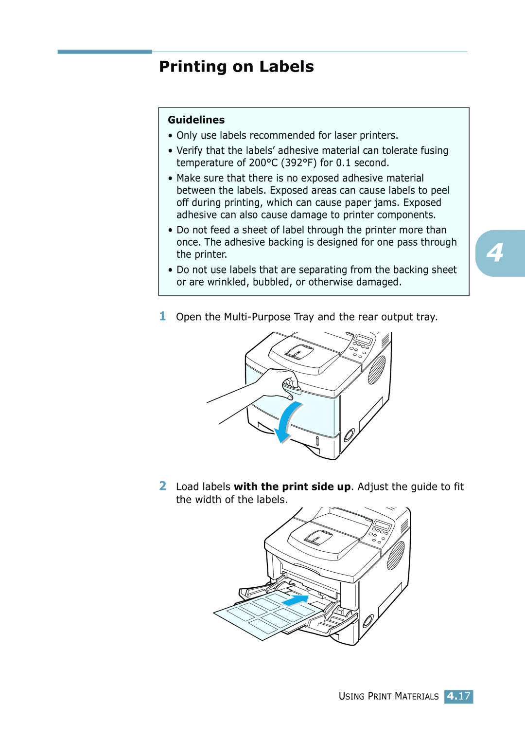 Samsung 2550 manual Printing on Labels, Guidelines 