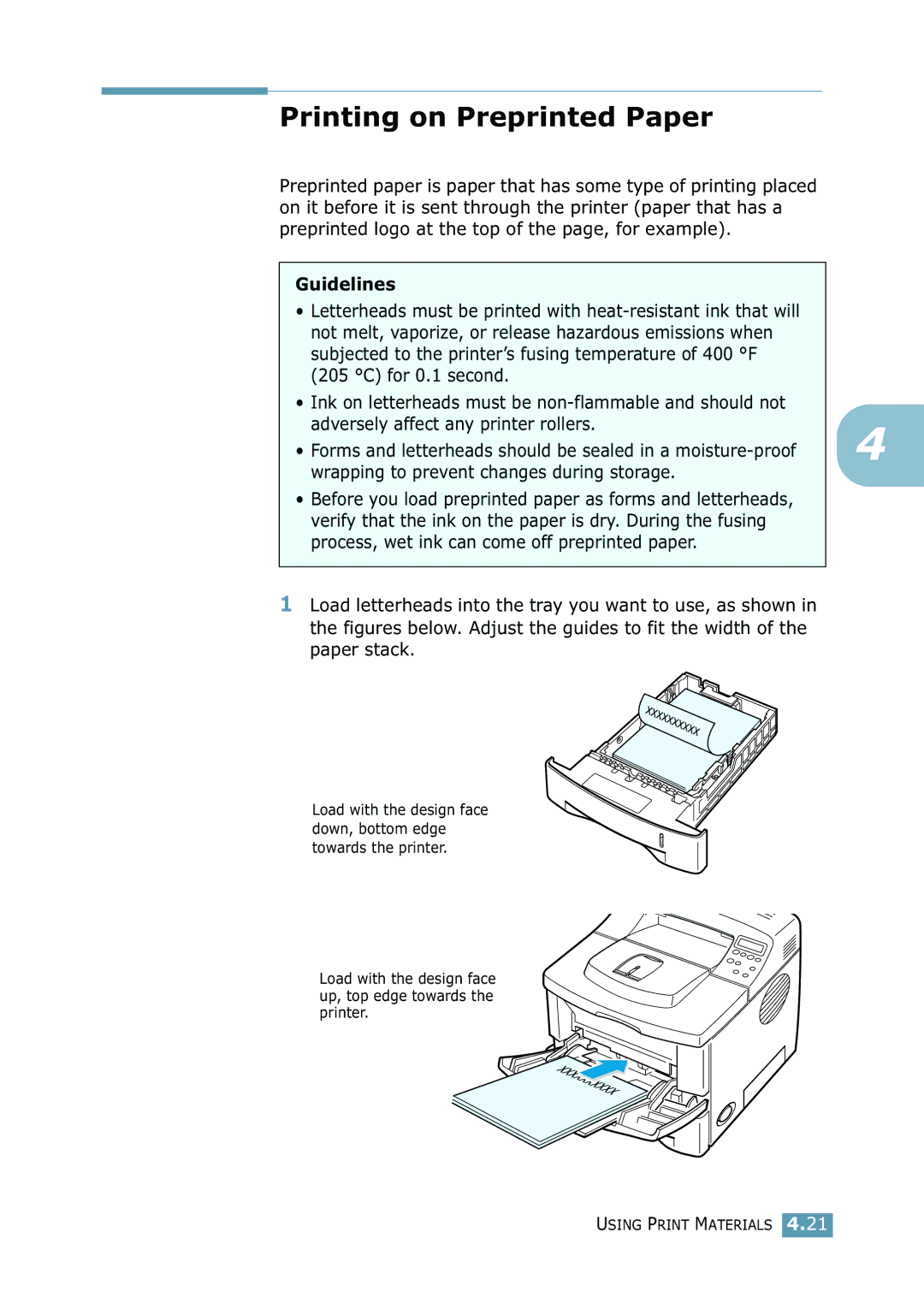 Samsung 2550 manual Printing on Preprinted Paper 