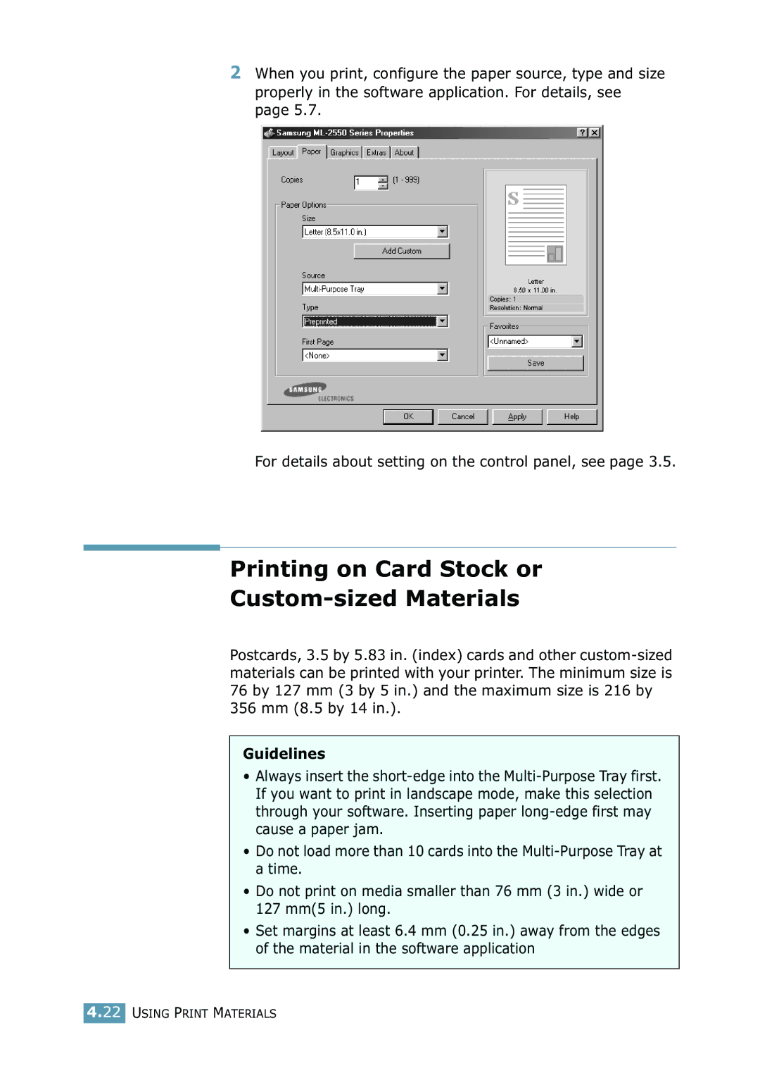 Samsung 2550 manual Printing on Card Stock or Custom-sized Materials 