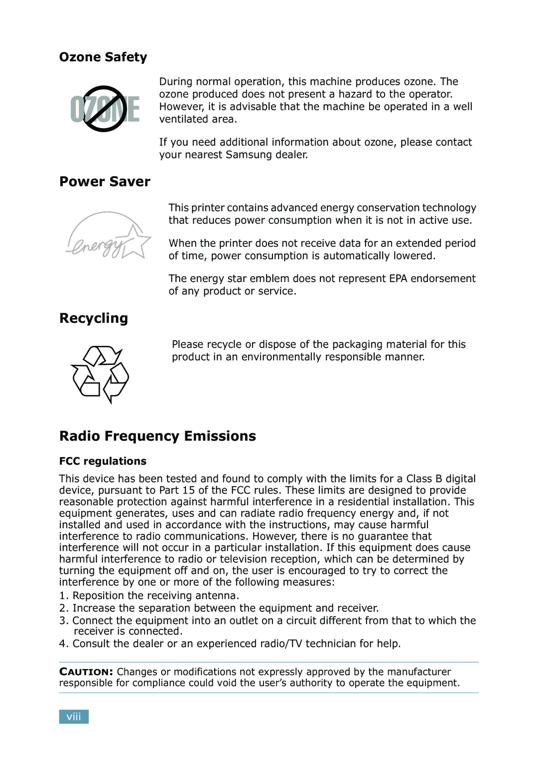 Samsung 2550 manual Power Saver, Recycling, Radio Frequency Emissions, FCC regulations 