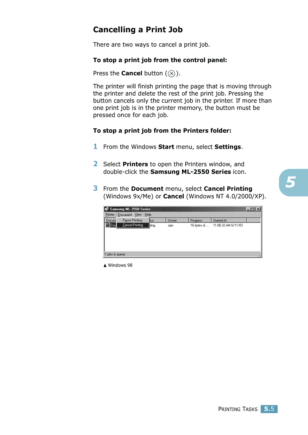 Samsung 2550 Cancelling a Print Job, There are two ways to cancel a print job, To stop a print job from the control panel 