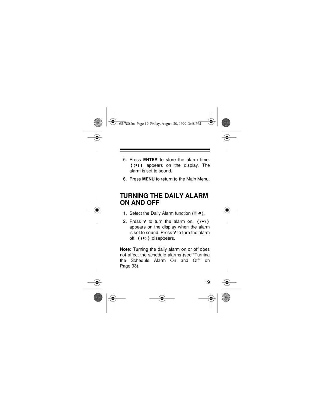 Samsung 256K owner manual Turning the Daily Alarm on and OFF 