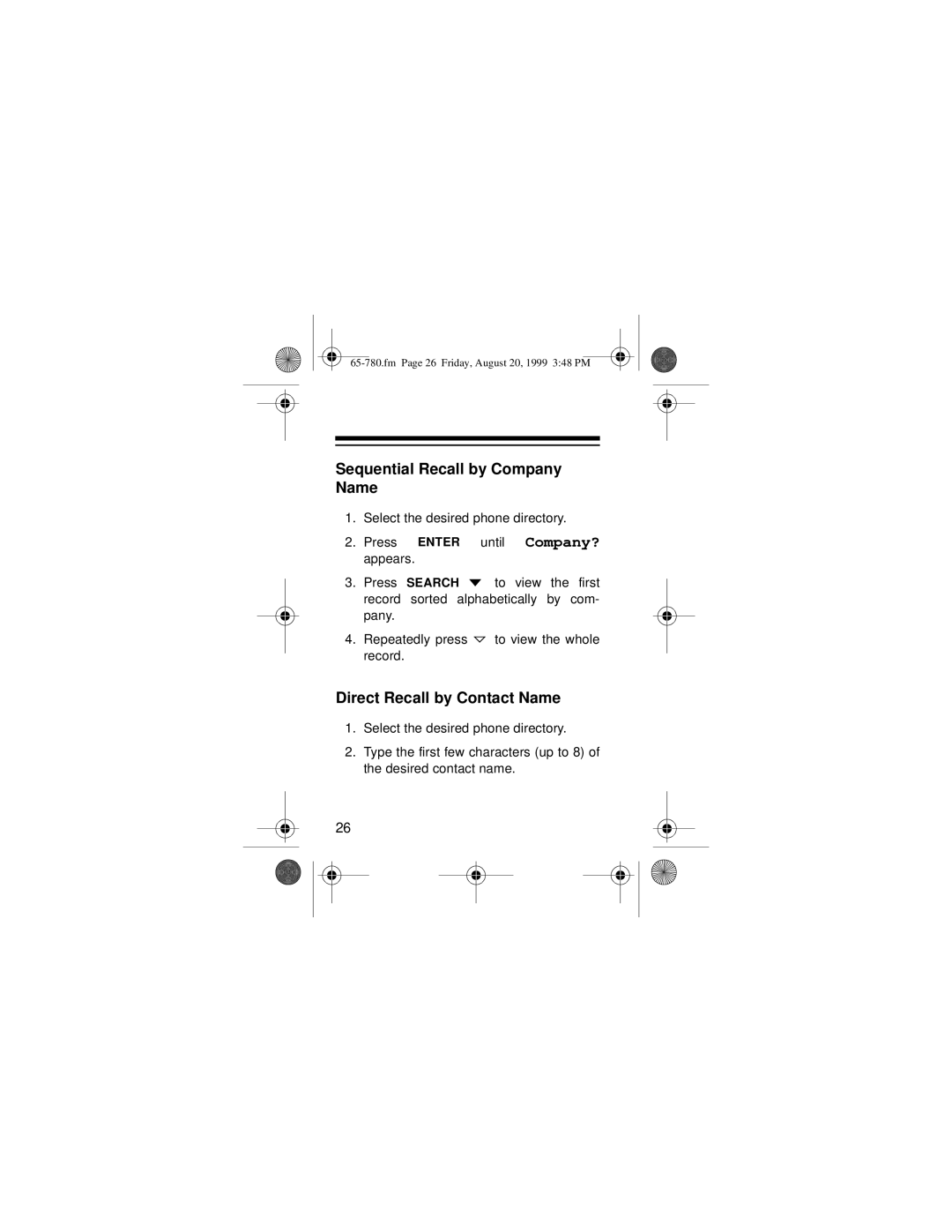 Samsung 256K owner manual Sequential Recall by Company Name, Direct Recall by Contact Name 