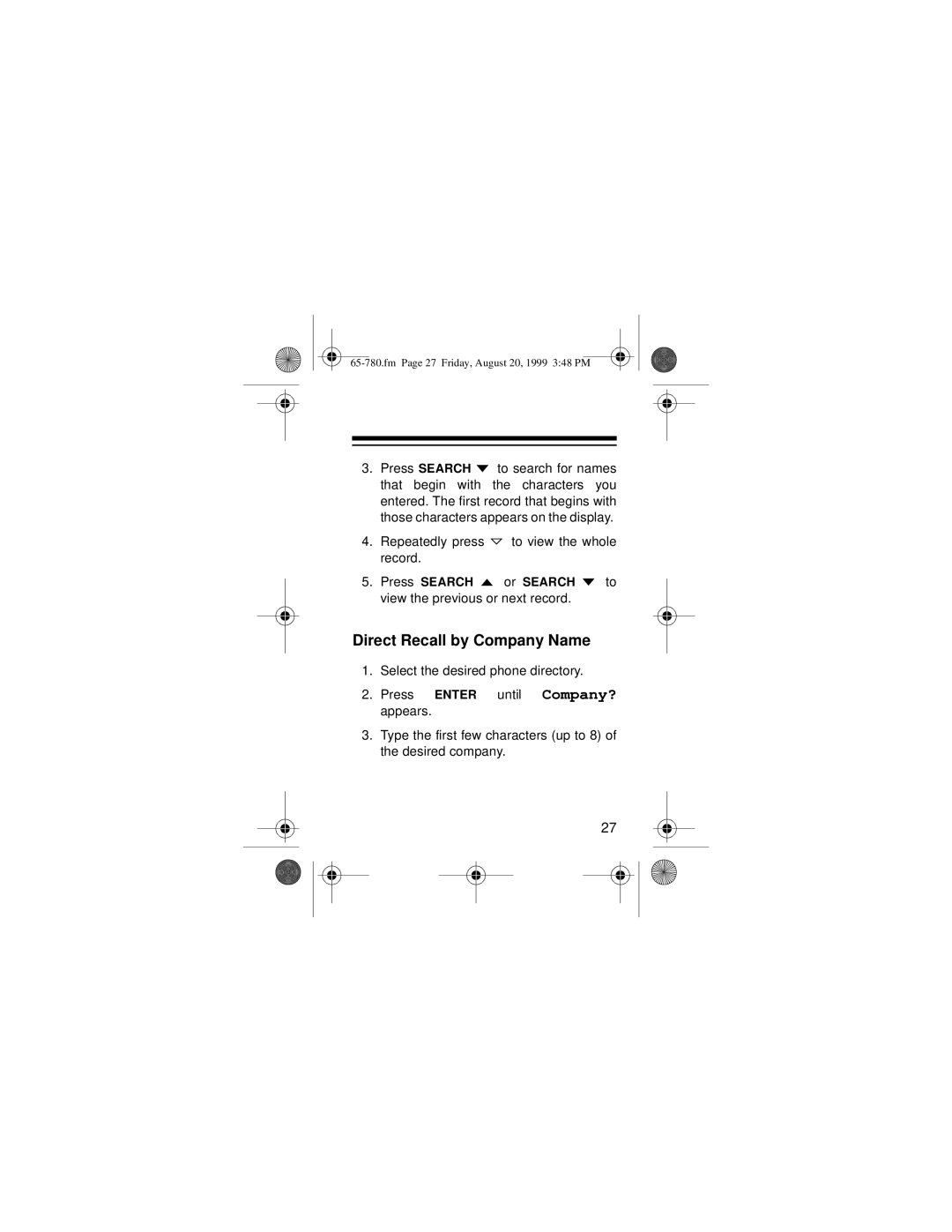 Samsung 256K owner manual Direct Recall by Company Name 