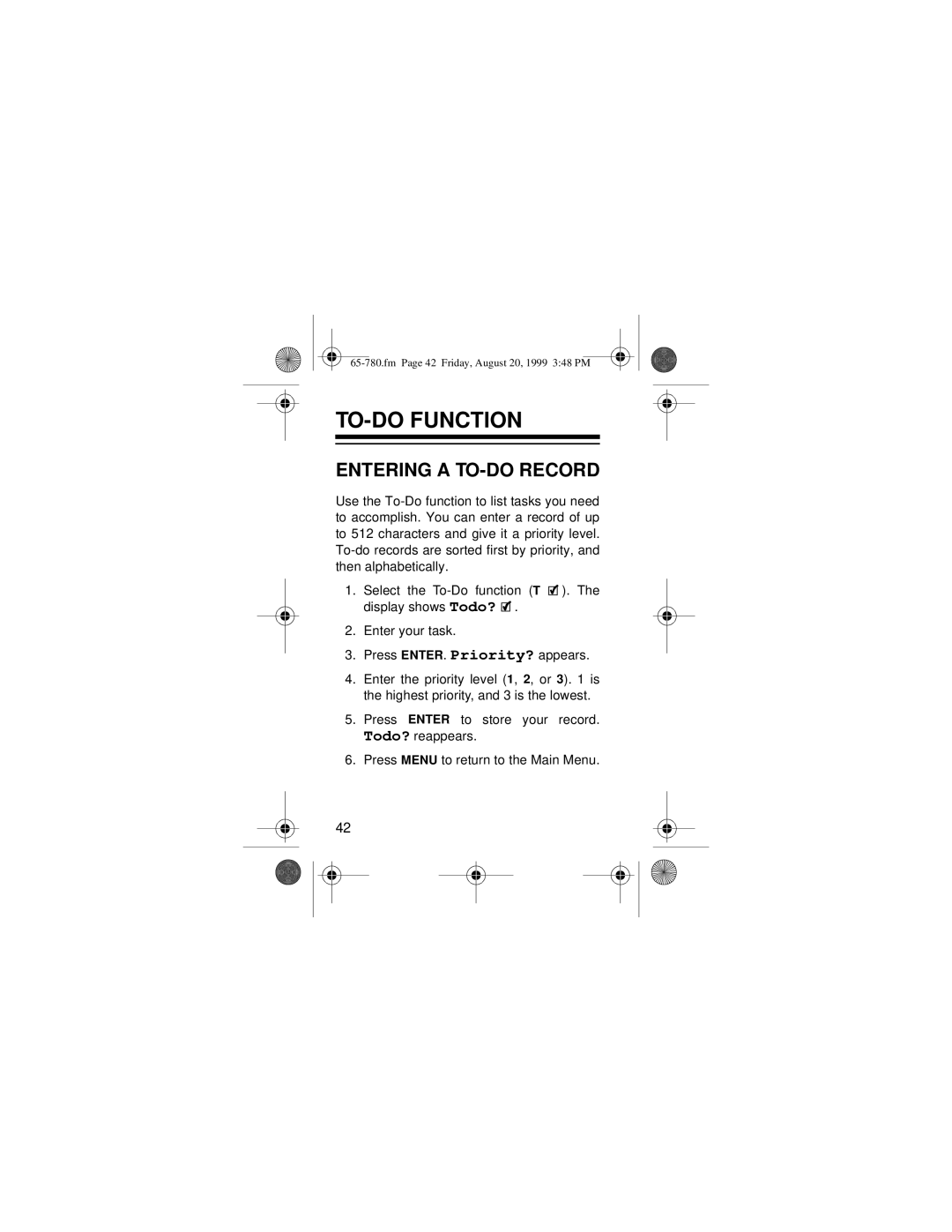 Samsung 256K owner manual TO-DO Function, Entering a TO-DO Record 