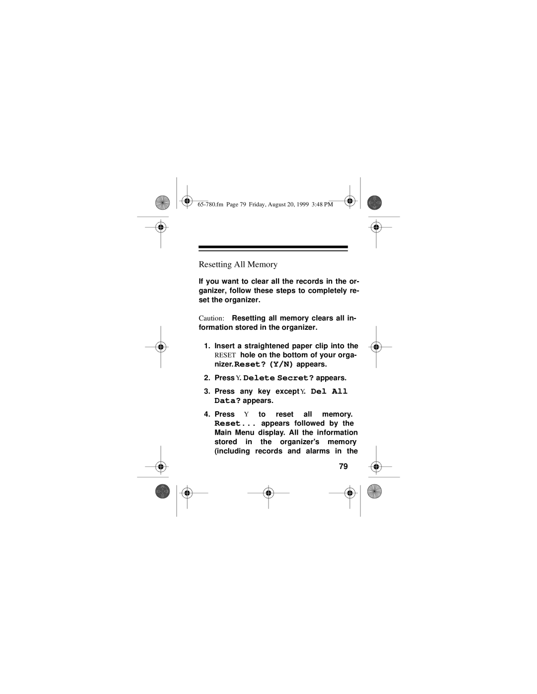 Samsung 256K owner manual Resetting All Memory 