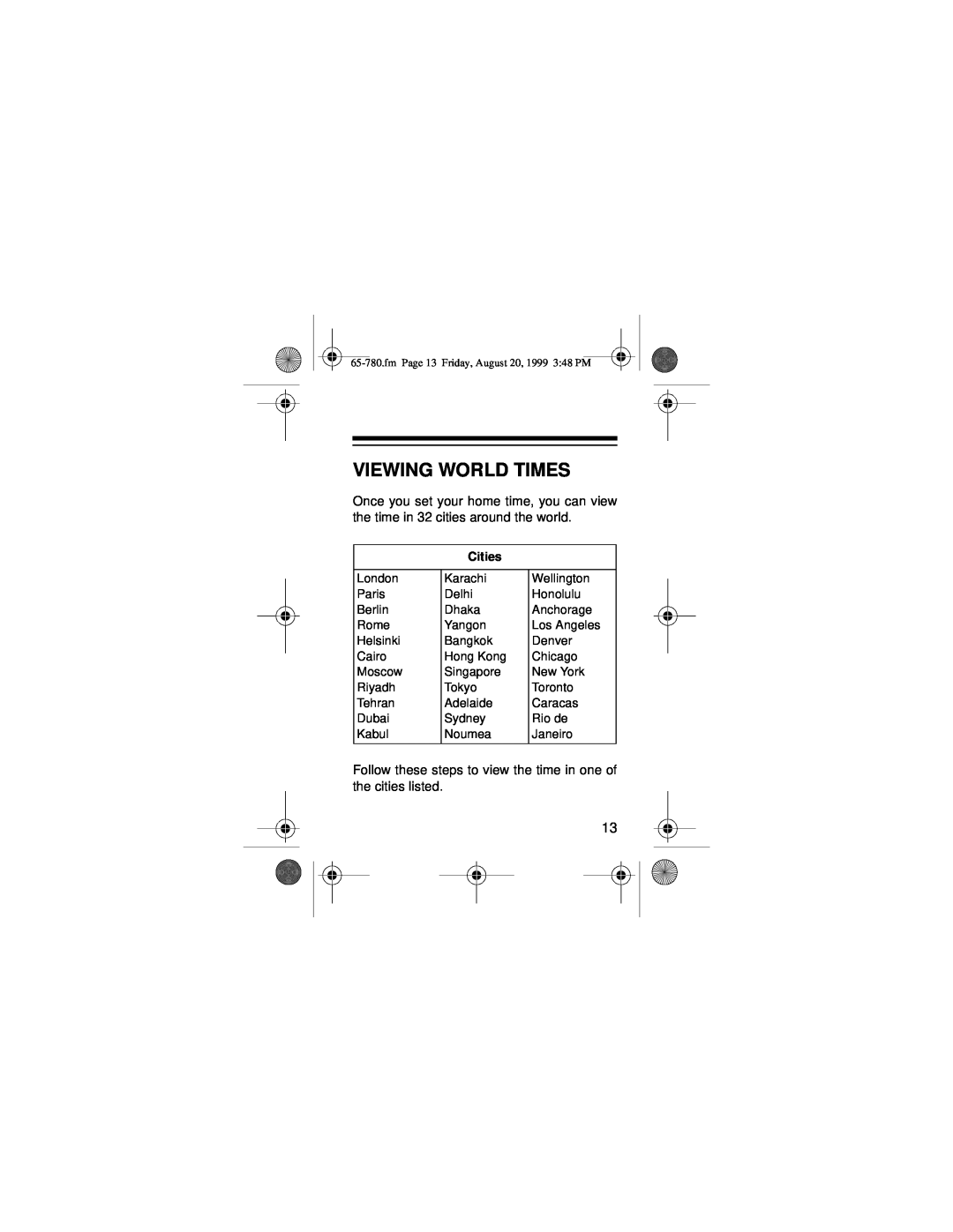 Samsung 256K owner manual Viewing World Times, Cities 