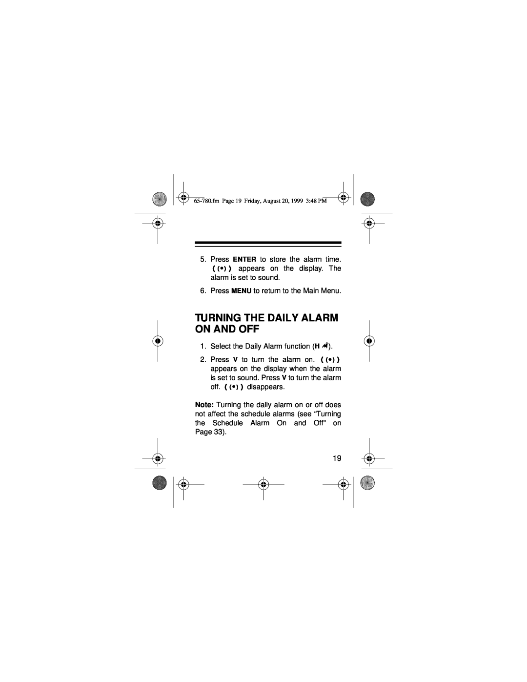 Samsung 256K owner manual Turning The Daily Alarm On And Off 